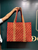 Jaipur Print Tote With Tassels - Red