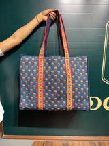 Jaipur Print Tote With Tassels - Blue