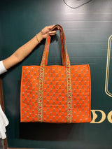 Jaipur Print Tote With Tassels - Orange