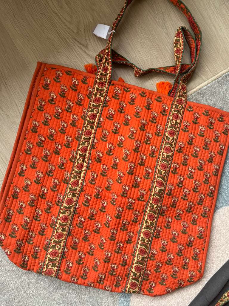 Jaipur Print Tote With Tassels - Orange
