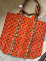 Jaipur Print Tote With Tassels - Orange
