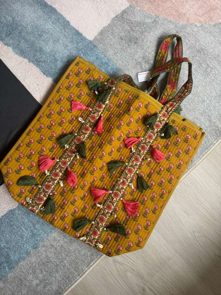 Jaipur Print Tote With Tassels - Yellow