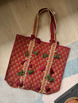 Jaipur Print Tote With Tassels - Red