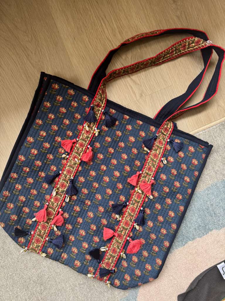 Jaipur Print Tote With Tassels - Blue